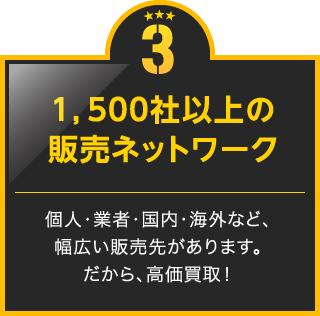 1,500社以上の販売ネットワーク 個人・業者・国内・海外など、幅広い販売先があります。だから、高価買取！