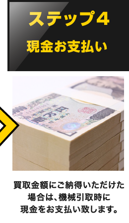 4.現金お支払い 買取金額にご納得いただけた場合は、機械引取時に現金をお支払い致します。